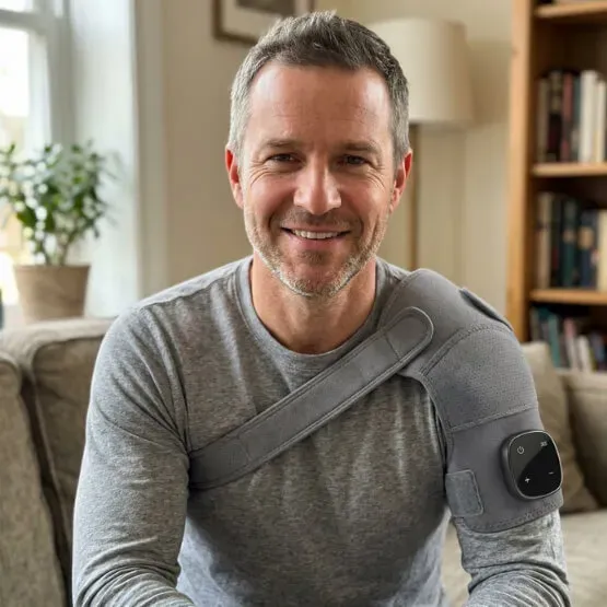 Mann trägt den Vital Shoulder Massager zu Hause
